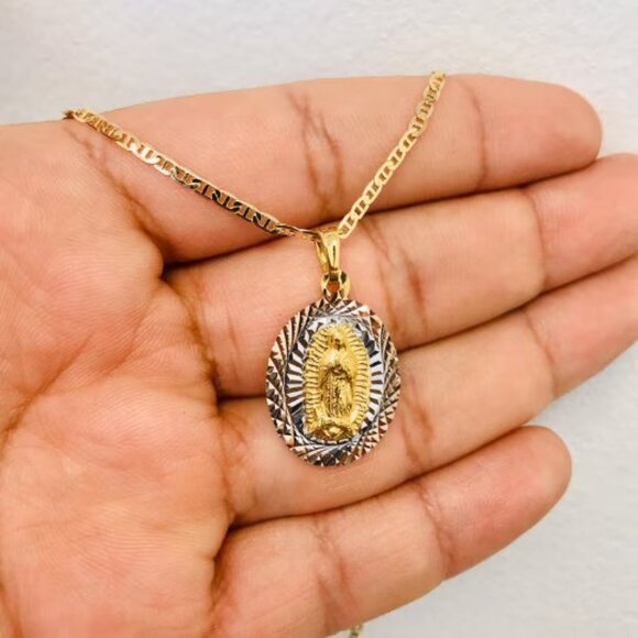 14K GF Virgen de Guadalupe Pendant 26x18mm Necklace Mariner Link Chain 18" Adult - Picture 3 of 5